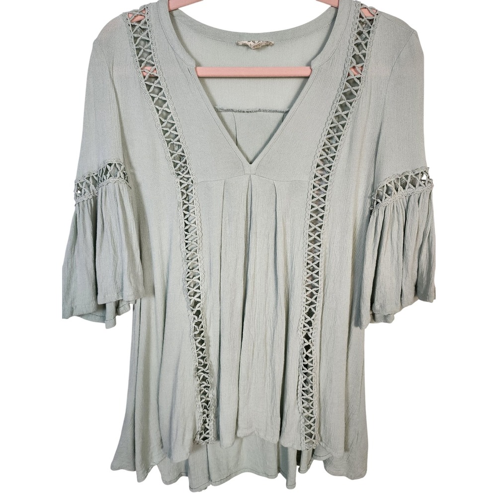 Wishlist Womens Tunic Top S/M Sage Green V Neck Bell Sleeve Crochet Boho Peasant